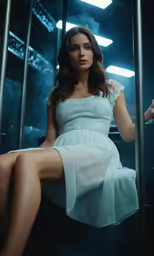 a beautiful woman sitting down while wearing a white dress