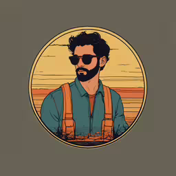 an artistic drawing of a man wearing sunglasses,a painting of a man with sunglasses and a suspender