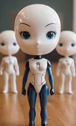 a small group of white dolls on a wooden table
