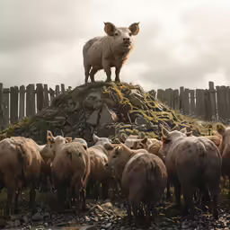 there is a sheep and many other animals on the mountain