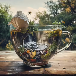 a tea cup on a table filled with flowers and rocks