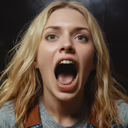 a woman making a silly face with a full length mouth