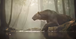 a large adult lion drinking from a pond