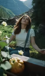 a young woman sitting on top of a mountain next to some flowers