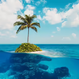 palm tree on small island with water under and blue sky