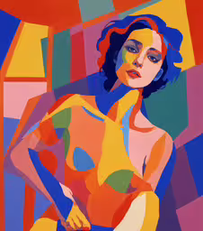 a woman is depicted in a colorful painting,a painting of a woman in colorful clothing