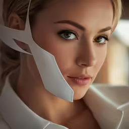 an attractive woman has her collar cut up and there is a tape sticking out of her face