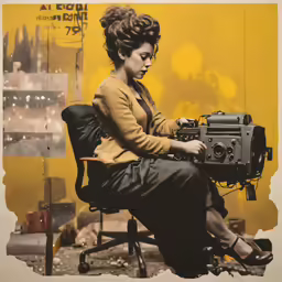 a woman sitting in an office chair, holding a camera