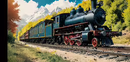 a painting depicting an old steam train traveling down tracks,a steam engine train on a train track
