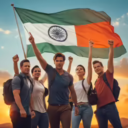 a group of people holding a flag and raising their arms in the air