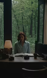 a girl is sitting in an office looking out the window
