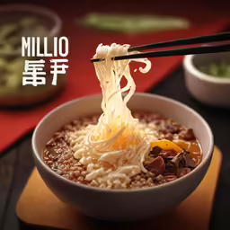 someone dipping noodles in a bowl with chopsticks
