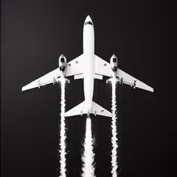 a large jet flying through a black sky with water