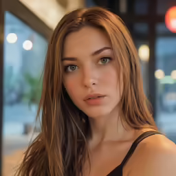 a young lady with long hair is looking at the camera