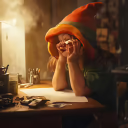 a young girl wearing an orange hat is holding her hands on her face while reading a book