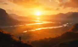 people on the side of a mountain watch the sun rise over valley below