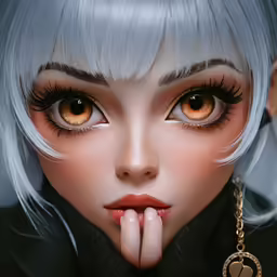 an image of a lady with grey hair and gold eyes