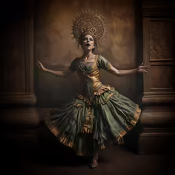 a woman dressed in an elaborate dress, with arms outstretched