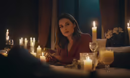 a woman is sitting at a table with candles on it