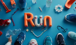 an array of objects including shoes, bracelets, keys, water bottles, and running shoes