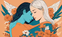 two young women with wings hugging, one holding the other and flowers,two women kissing while surrounded by flowers