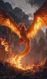 a large fire bird flying over a fire filled field