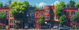 some cars parked on the street near a row of buildings