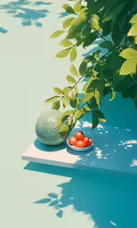 a plate with three melon and oranges sitting on a ledge