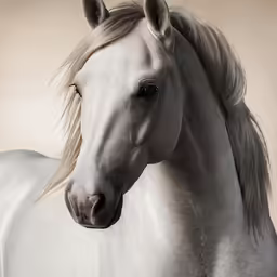 a white horse with hair blowing in the wind