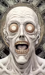 a white demonic man in front of some other demonic looking things