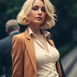 the blonde woman is posing in a suit