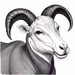 a sheep with long horns standing in front of a white wall