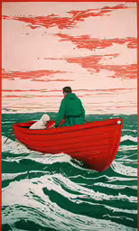 a man rowing a red boat in the water,a man sits in a red boat on water