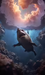 a large shark swimming under water, underwater view