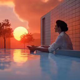 a woman sitting on the edge of a swimming pool and holding a remote control