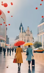 two women walking in the rain with their umbrellas up