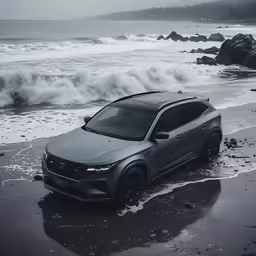 a grey car is parked by the ocean in a storm