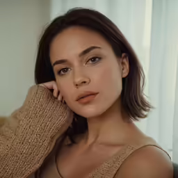 a beautiful woman leaning against a curtain with her hand on the shoulder