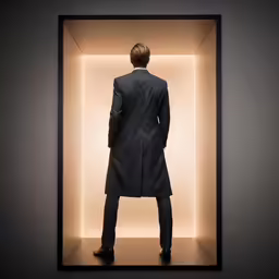 a man in a long black coat stands in a dimly lit, open area