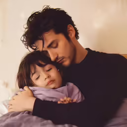 a man and girl that are laying down together