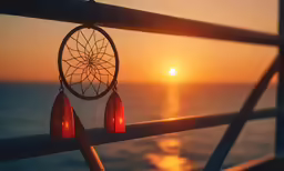 two red earrings sitting on top of a rail near the ocean