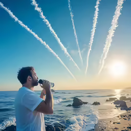 a man is standing on the rocks at the beach