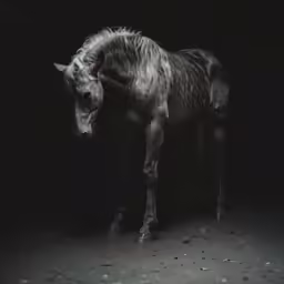 a black horse standing up in the dark