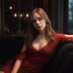 a woman in red sits on a black couch