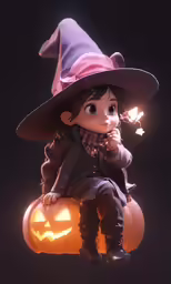 an animated image of a young girl in a witch hat and pumpkin with a lit candle in her hand