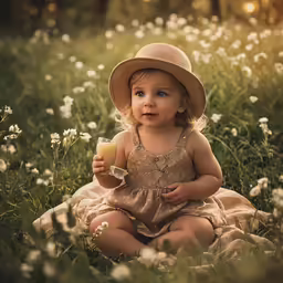 a young girl sitting in a field holding a glass of milk