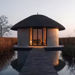 an exterior view of a modern round house by a lake