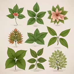 four types of leaves with some plants growing out of them