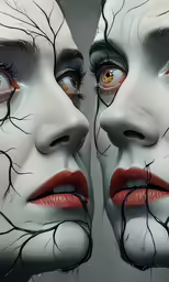 two female face with blood vessels around the eyes and the upper part of their body are cracked apart