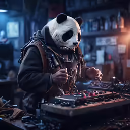 the character is dj mixing on his electronic equipment